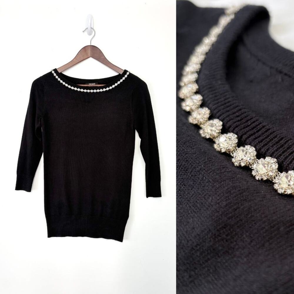 Premise Jeweled Neck Rayon Sweater XS Black 3/4 Sleeve Rhinestone Dressy Holiday